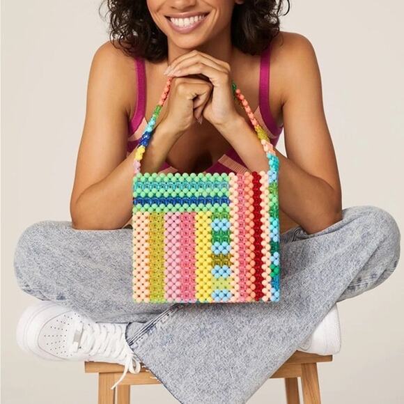 SUSAN ALEXANDRA Rainbow Colorful Beaded Beautiful Geometric Top Handle Bag - Picture 1 of 16